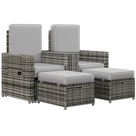 Outsunny Recliner Rattan Sun Lounger w/ Storage Tea Table & Footstools Grey