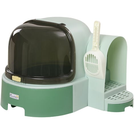 PawHut 2 In 1 Cat Litter Tray w/ Drawer Pans, Scoop, Openable Cover - Green