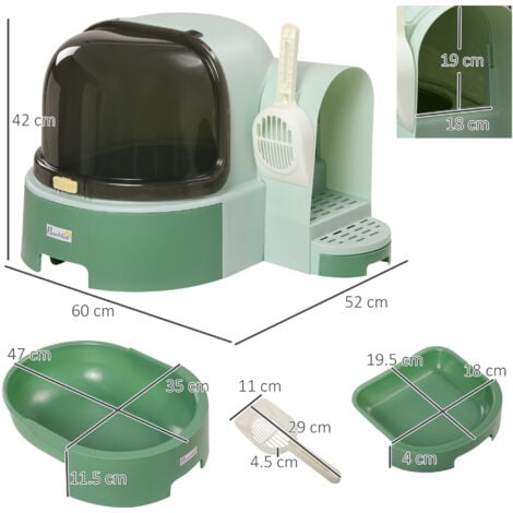 PawHut 2 In 1 Cat Litter Tray w/ Drawer Pans, Scoop, Openable Cover - Green