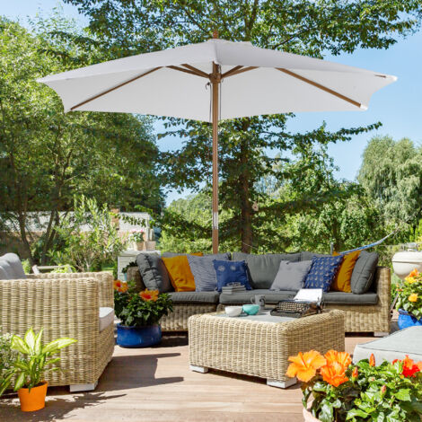 Outsunny 2.5m Wood Garden Parasol Sun Shade Patio Outdoor Wooden Umbrella Canopy White