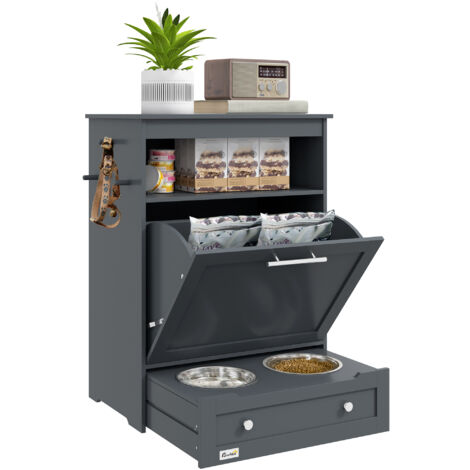 PawHut Pet Feeder Station, Dog Cat Food Storage Feeding Station, Food Cabinet Grey