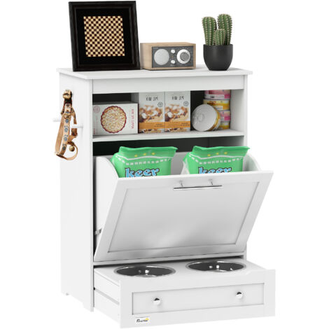 PawHut Pet Feeder Station, Dog Cat Food Storage Feeding Station, Food Cabinet White