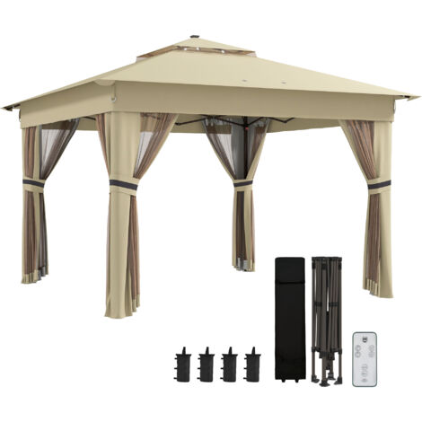 Outsunny 3x3(m) Pop Up Gazebo w/ Solar-Powered LED Lights Curtain Netting Khaki