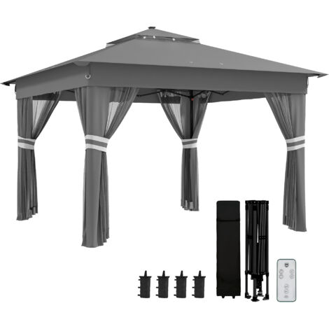 Outsunny 3x3(m) Pop Up Gazebo w/ Solar-Powered LED Lights Curtain Netting Grey (1/5)