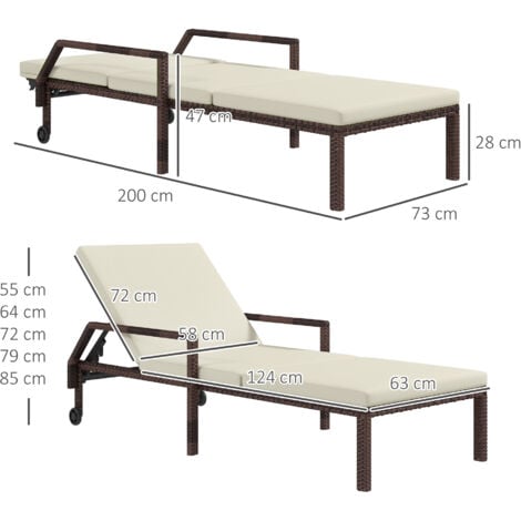 Outsunny Rattan Wicker Chaise Sun Lounger Garden w/ Adjustable Backrest & Wheels Cream White