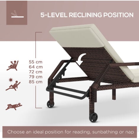 Outsunny Rattan Wicker Chaise Sun Lounger Garden w/ Adjustable Backrest & Wheels Cream White