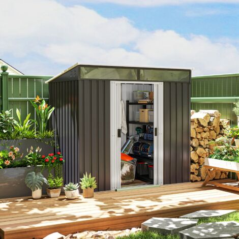 Outsunny 6.5x4FT Garden Shed w/ Foundation Lockable Metal Tool Shed Dark Grey