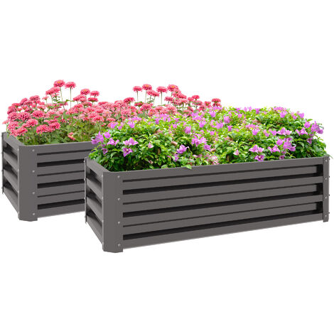 Outsunny Outdoor Planter Box, Steel Raised Garden Bed, Set of 2 Grey