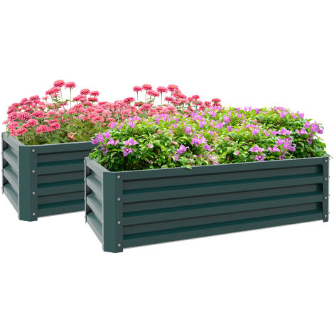 Outsunny Outdoor Planter Box, Steel Raised Garden Bed, Set of 2 Green