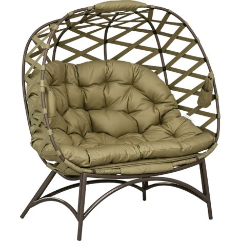 Outsunny 2 Seater Egg Chair Outdoor with Cushion, Cup Pockets Khaki
