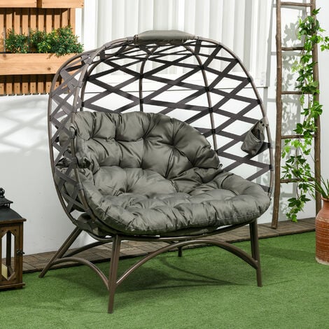 Outsunny 2 Seater Egg Chair Outdoor with Cushion, Cup Pockets Sand Brown