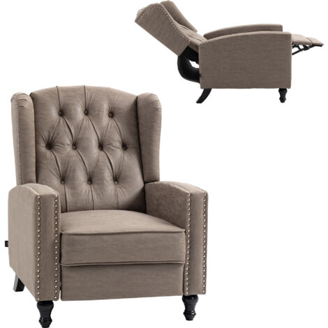 HOMCOM Marble Effect Manual Reclining Armchair w/ Footrest Studs Wood Legs Brown
