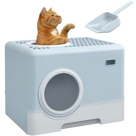 PawHut Enclosed Cat Litter Tray with Lid, Front Entry, Top Exit, Scoop Blue