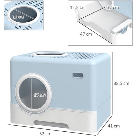 PawHut Enclosed Cat Litter Tray with Lid, Front Entry, Top Exit, Scoop Blue