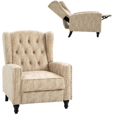 HOMCOM Marble Effect Manual Reclining Armchair w/ Footrest Studs Wood Legs Beige