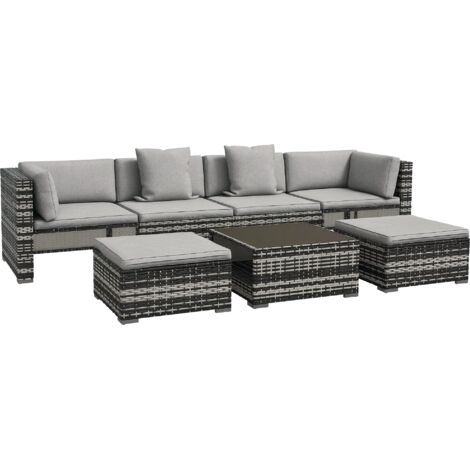 Outsunny 7 PCs Rattan Garden Furniture Set with Side Shelf, Stools, Table, Grey (1/5)