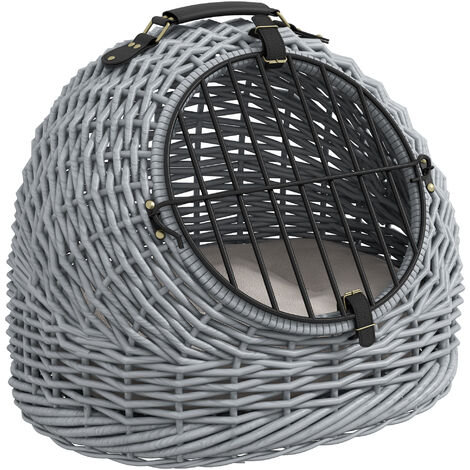 Wicker Cat Basket W/ Mat Handle Kitten Pussy Enclosed Bed Portable - Grey
