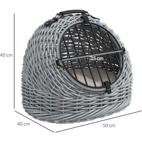 Wicker Cat Basket W/ Mat Handle Kitten Pussy Enclosed Bed Portable - Grey