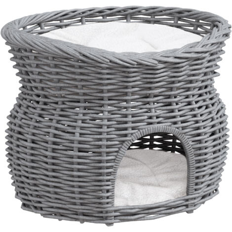 PawHut 2-Tier Elevated Pet Cushion Bed Basket Willow Cat Tree House Condo Kennel