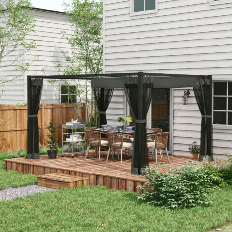 Outsunny Pergola with Retractable Roof and Netting, Dark Grey 3 x 4 m