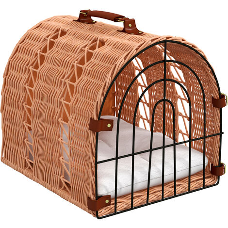 Natural Wicker Cat Basket W/ Mat Handle Kitten Pussy Bed Cat Carrying House