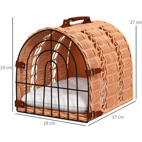 Natural Wicker Cat Basket W/ Mat Handle Kitten Pussy Bed Cat Carrying House