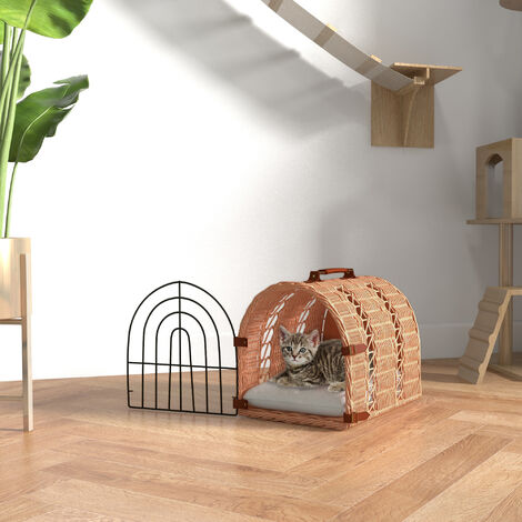 Natural Wicker Cat Basket W/ Mat Handle Kitten Pussy Bed Cat Carrying House