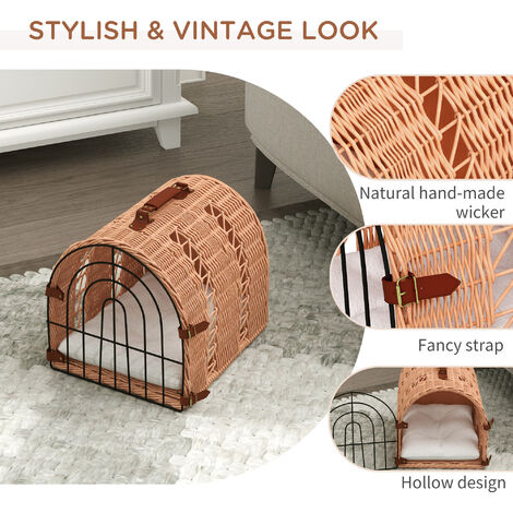 Natural Wicker Cat Basket W/ Mat Handle Kitten Pussy Bed Cat Carrying House