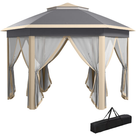 Outsunny 3x4m Hexagon Gazebo w/ Metal Frame Mesh Curtains Outdoor Garden Khaki