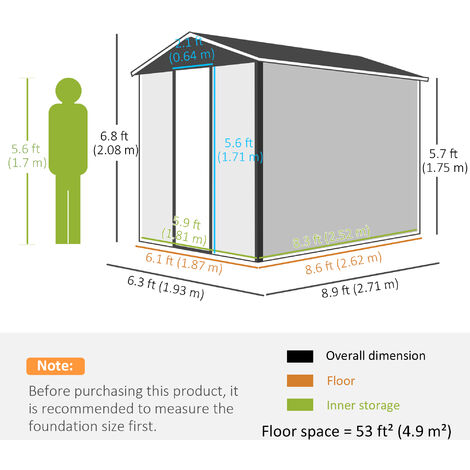 Outsunny 9'x6' Galvanised Metal Garden Shed Tool Storage Shed for Patio ...