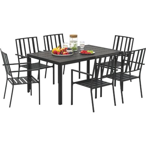 Outsunny 7 PCs Garden Dining Set w/ Stackable Chairs and Metal Top Table, Black (1/5)