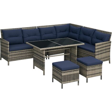 Outsunny 6 Pieces Sofa Set Furniture Rattan Cushion Seat Wicker Black Garden Dark Blue
