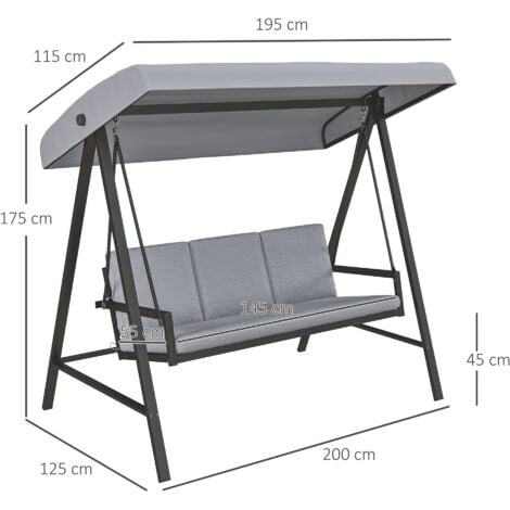 Outsunny 3 Seater Garden Swing Chair with Adjustable Canopy and Cushions Light Grey