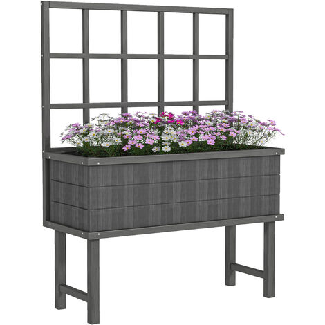 Outsunny Wood Raised Planter w/ Trellis Drain Holes Elevated Garden Bed Grey (1/5)