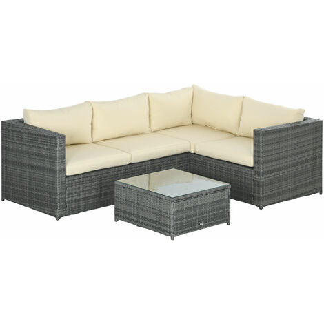 Outsunny 3 Pcs Rattan Corner Sofa Set Coffee Table Garden Furniture w/ Cushion Beige