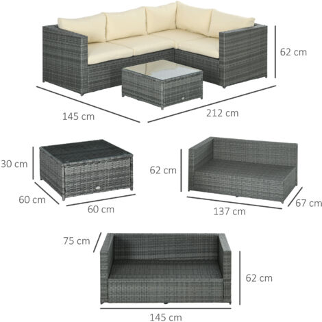 Outsunny 3 Pcs Rattan Corner Sofa Set Coffee Table Garden Furniture w/ Cushion Beige