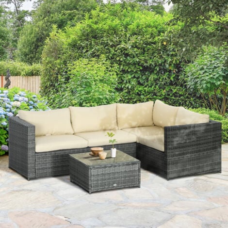 Outsunny 3 Pcs Rattan Corner Sofa Set Coffee Table Garden Furniture w/ Cushion Beige