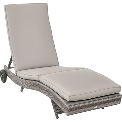 Outsunny Outdoor Rattan Sun Lounger with Reclining Back, Wheels, Grey (1/5)