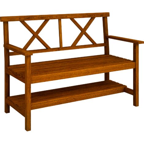 Outsunny 2-Seater Garden Bench Wooden Outdoor Bench w/ Storage Shelf Carbonized