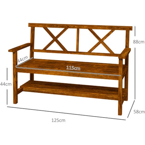 Outsunny 2-Seater Garden Bench Wooden Outdoor Bench w/ Storage Shelf Carbonized