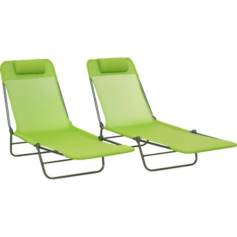Outsunny 2 Pieces Sun Loungers Foldable Reclining Chair with Headrest Green (1/5)