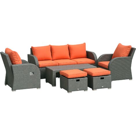 Outsunny 6pc Padded Outdoor Rattan Wicker 3-Seat Sofa Recliner Footstool Table Orange
