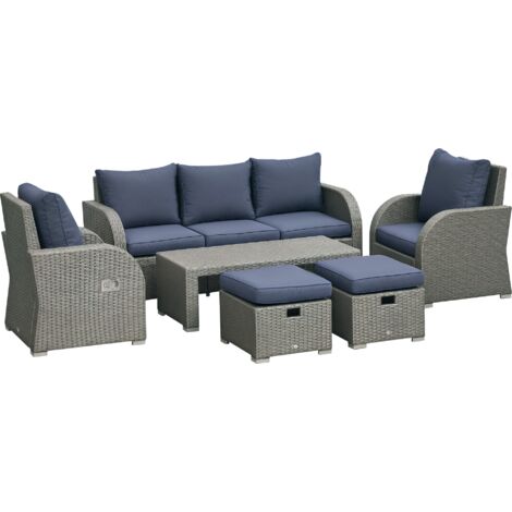 Outsunny 6pc Padded Outdoor Rattan Wicker 3-Seat Sofa Recliner Footstool Table Blue