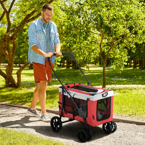 PawHut Foldable Pet Stroller w/ Detachable Carrier, Soft Padding Red