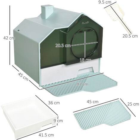 PawHut Hooded Cat Litter Tray w/ Scoop, Drawer Pan, Handle, Deodorants Blue