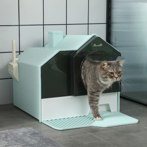 PawHut Hooded Cat Litter Tray w/ Scoop, Drawer Pan, Handle, Deodorants Blue