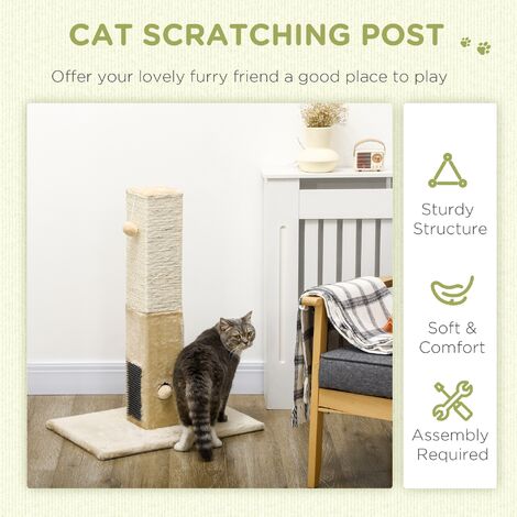 PawHut Cat Scratching Post Scratcher Climber w/ Carpet Base Hanging Toy Beige