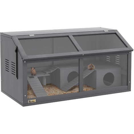 PawHut Wooden Hamster Cage for Gerbils w/ Suspension Bridge, Ladders