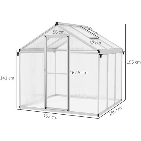 Outsunny Aluminium Greenhouse with/ Door Window Galvanised Base PC Panel 185cm x 192cm x 195cm