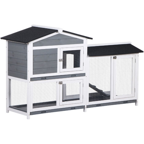 PawHut 2-Tier Wooden Rabbit Hutch Guinea Pig House Pet Cage Outdoor w/ Tray Ramp Grey